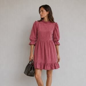 Batsheva Short Prairie Mini Dress in Raspberry Moiré Womens 8 3/4 Sleeve Mock